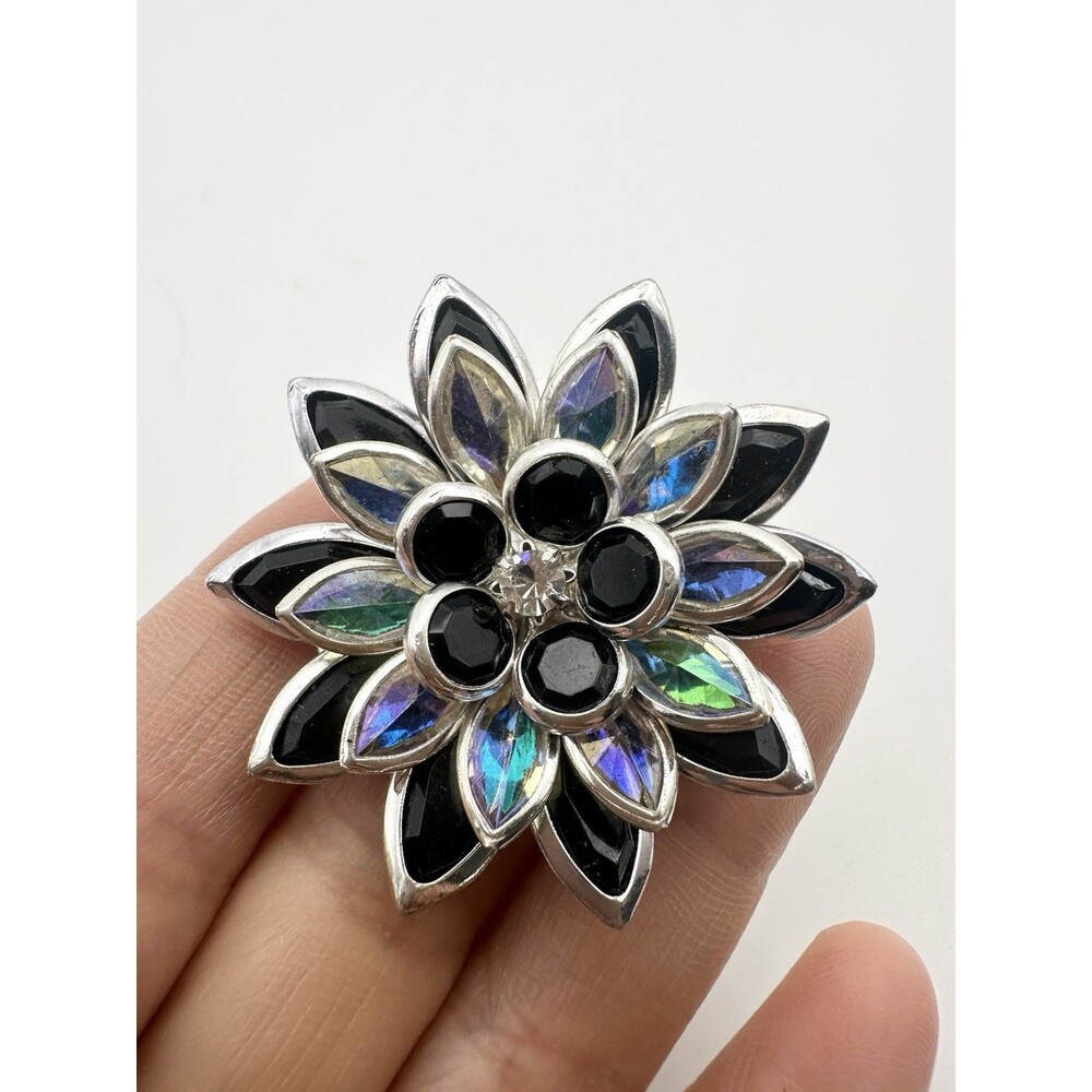 Vintage Avon Flower Brooch Pin Bezel Crystals Black & Iridescent Petals Signed